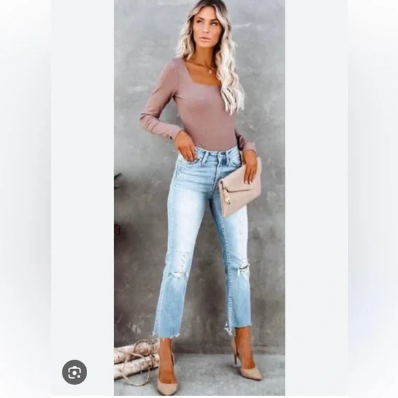 VICI Trina Square Neck Ribbed Bodysuit in Mocha Tan Cognac Light Brown Nude - Picture 6 of 8